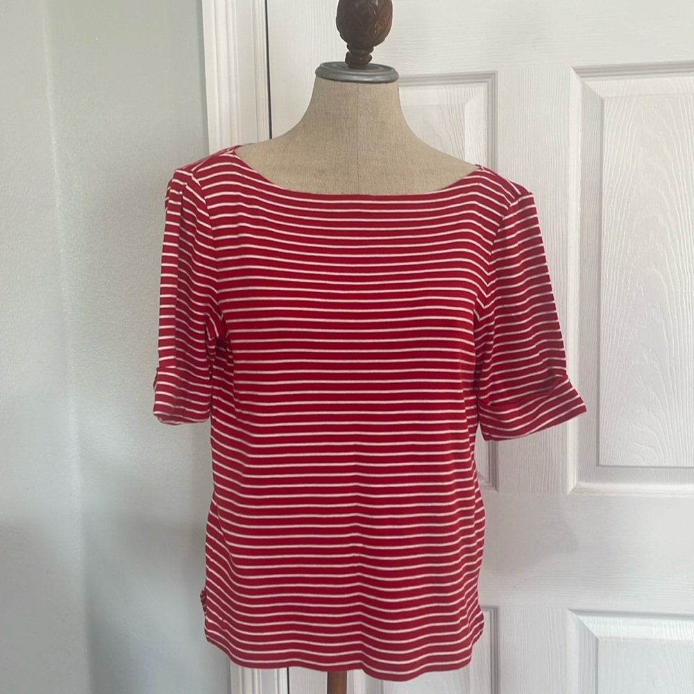 Ralph Lauren red white striped 3/4 sleeve 100% cotton cuffed top women’s size L